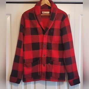 Mens Levis Old Man Cardigan Sweater Red Buffalo Plaid Shawl Collar Fleece Lined